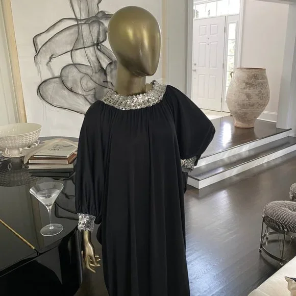 Vintage GLAM 70s Caftan Sequin Trimmed Maxi Dress 1970s Lounge Wear S-M-L - Picture 8 of 11